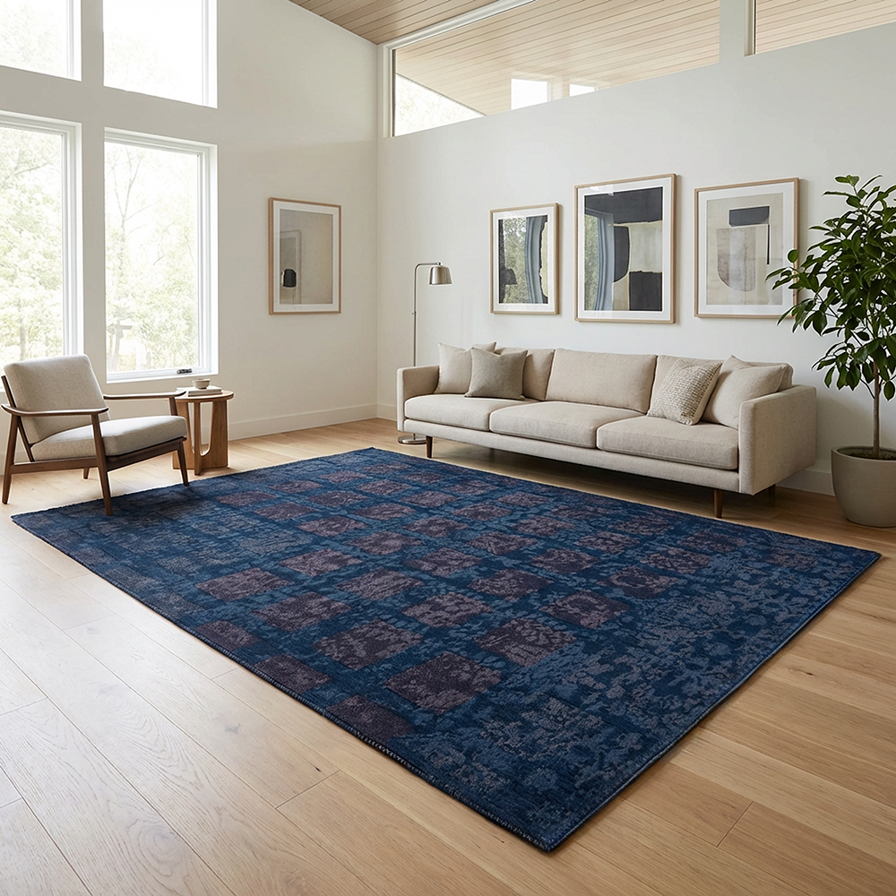 Living room rug transformed from product photo to AI-generated catalog room scene